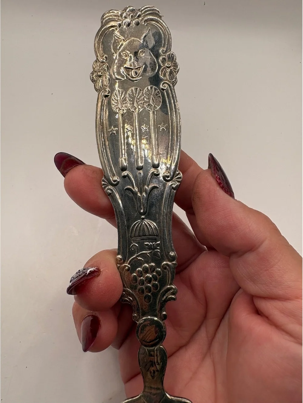 Vintage Swedish Silverplate Pickle Fork Pig Handle Serving Fork Made Sweden